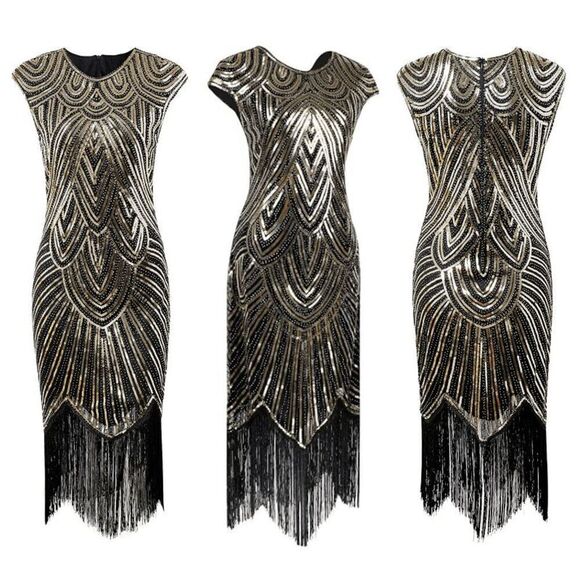 ✨ Flapper Great Gatsby Roaring 1920s Retro Tassel Fringe Gold Sequin Dress M NEW - Picture 8 of 17